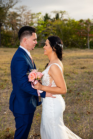 "Pareja de novios caminando en la orilla de la playa al atardecer."